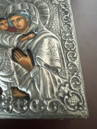 🔴 MADONNA con BAMBINO icona Sacra metallo Cesellato pittura base lignea vintage