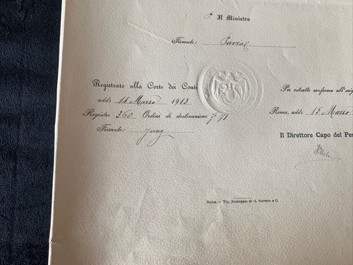 🔴 ATTESTATO D'ONORE RAGIONIERE DI STATO Vittorio Emanuele MINISTERO TESORO 1913