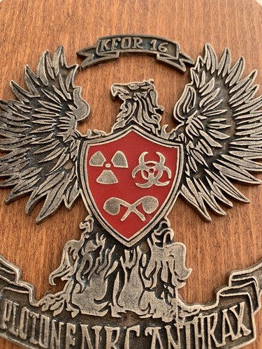 🔴 Militärwappen, Holzschild ABC-Zug Anthrax Kosovo Kfor 16 