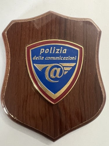 🔴 Crest POLIZIA DELLE COMUNICAZIONI scudo legno lucidato e smalti h 15