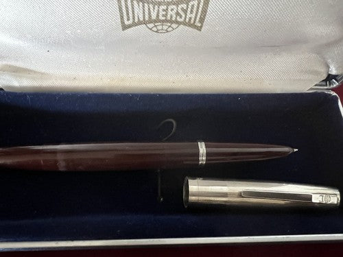 🔴 UNIVERSAL PISTON Füllfederhalter, bordeauxroter Korpus, schreibt Vintage, 1950er Jahre 
