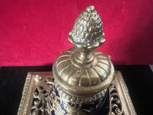 Encrier Bureau Céramique Bleu Et Laiton Ajouré Peinture Avec Or Zecchino