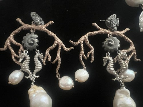 🔴 MMA orecchinI collana ARGENTO 925 laminato oro PERLE originali cavalli marini