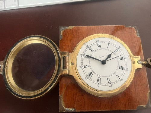 Horloge Murale Mur Bateau Métal Base Bois Nautique Hublot Quartz Vintage 