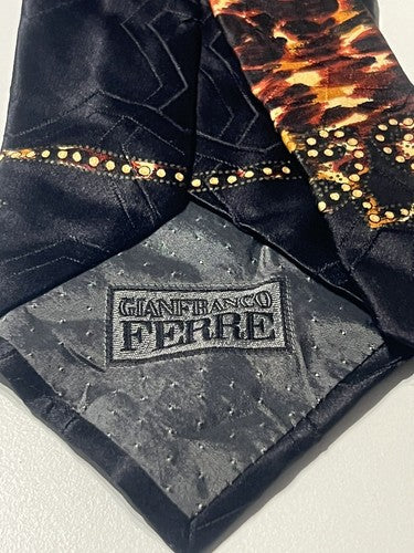 Gianfranco Ferre' Homme Cravate Soie Pure Noir Inserts Imprimé Tigre Élégant