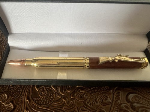 Red Ballpoint Pen Rifle RAIN HUNTER Metal Wood With Cartridge Writes Vintage