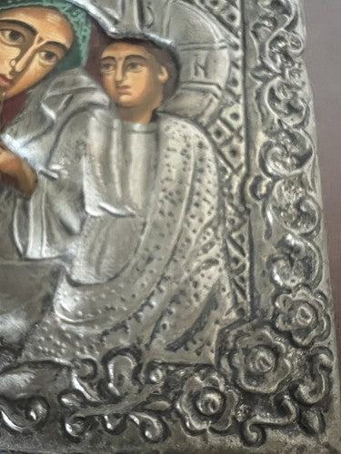 Madonna Avec Enfant Icône Saint Métal Ciselé Peinture Base Bois Vintage