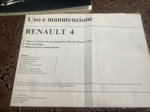 Renault 4 Livret Voiture Utilization Entretien Langue Italien Original Cru 69 