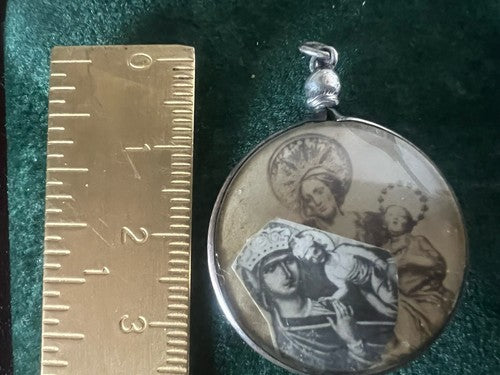 🔴 Ciondolo MADONNA CON BAMBINO santini ARGENTO 800 olografia su carta vintage