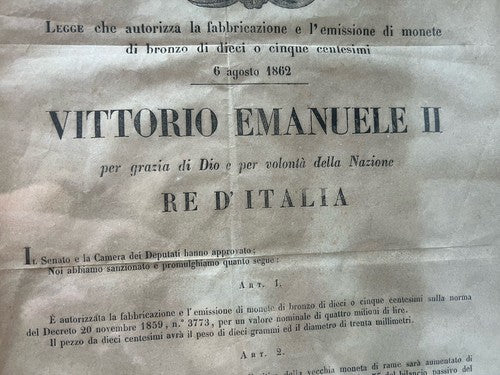 🔴 VITTORIO EMANUELE II legge conio monete 5 10 centesimi 1862 quadro ORIGINALE