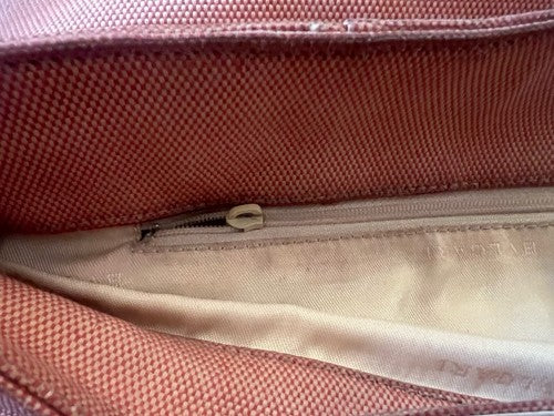 🔴 Große BULGARI Damen-Tasche aus pfirsichfarbenem Leder und Stoff mit Gebrauchsspuren, ORIGINAL 