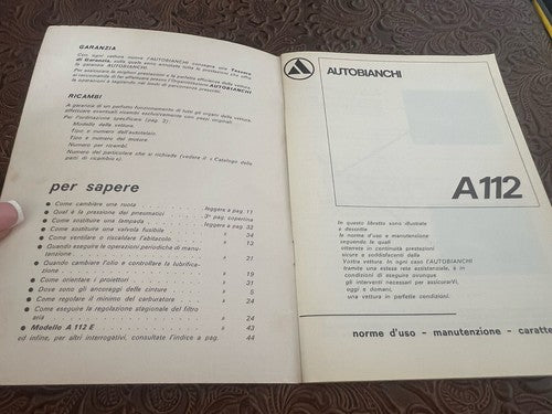 Autobianchi A 112 Lancia Livret Voiture Utilization Entretien Original Vintage 