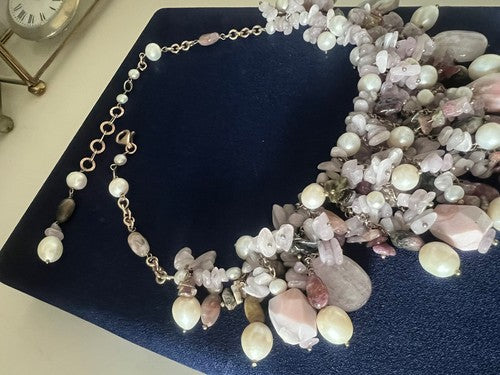 Déesse Collier de Bijoux Argent Plaqué Or Tempête De Quartz Rose Perles 
