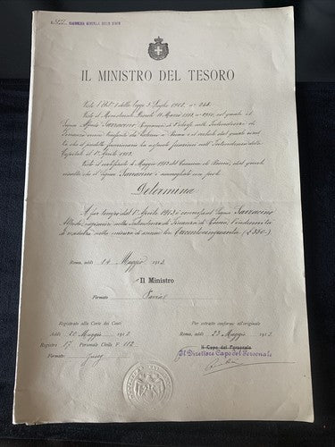 Certificat D'Honneur Comptable D'État Vittorio Emanuele Ministère Trésor 1913