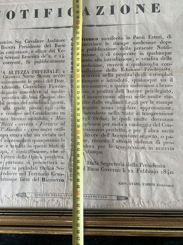 🔴 REGNO ITALIA, notificazione autorizzazione stampa al cavaliere FIRENZE 1840