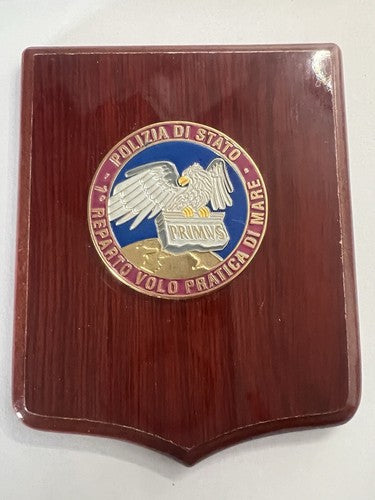 🔴 Wappen POLIZIA DI STATO VOLO PRATICA DI MARE Schild polierte Holzlacke h 15