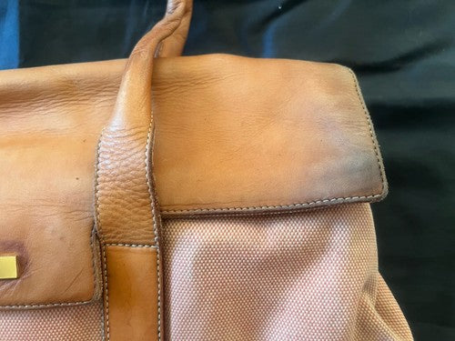 🔴 Große BULGARI Damen-Tasche aus pfirsichfarbenem Leder und Stoff mit Gebrauchsspuren, ORIGINAL 