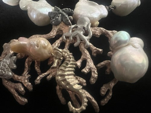 🔴 MMA orecchinI collana ARGENTO 925 laminato oro PERLE originali cavalli marini