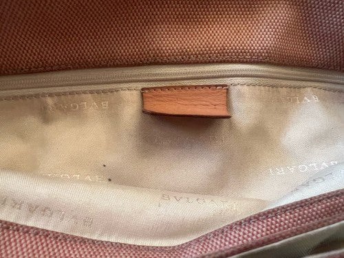 🔴 Große BULGARI Damen-Tasche aus pfirsichfarbenem Leder und Stoff mit Gebrauchsspuren, ORIGINAL 