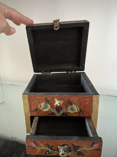 Boîte à Bijoux Chinoise Bois Dragon Peinture Coffret Trésor Trousse Vintage 12