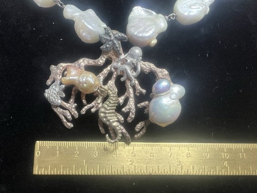 🔴 MMA orecchinI collana ARGENTO 925 laminato oro PERLE originali cavalli marini