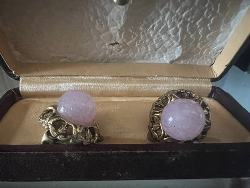Boucles D'Oreilles Clips Fleur Rose Avec Dentelle Pierre Centre en Relief Cru 