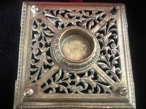 🔴 Calamaio scrivania ceramica blu e ottone traforato dipinto con ORO ZECCHINO