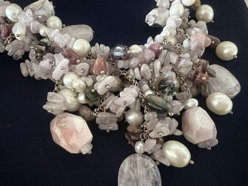 Déesse Collier de Bijoux Argent Plaqué Or Tempête De Quartz Rose Perles 