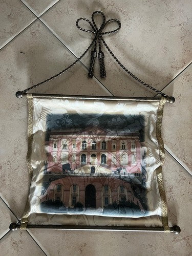 🔴 Quadro PANNELLO TESSUTO con supporti di metallo a bandiera L 40 cm vintage