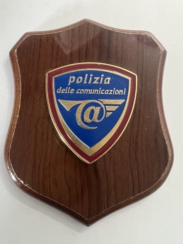 🔴 Crest POLIZIA DELLE COMUNICAZIONI scudo legno lucidato e smalti h 15