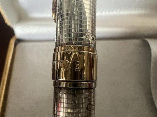 🔴 UNOARGENTO penna sfera ARGENTO 925 guillocchè profili dorati scrive astuccio