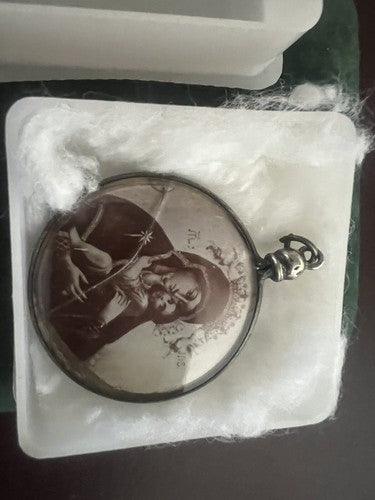 🔴 Ciondolo MADONNA CON BAMBINO santini ARGENTO 800 olografia su carta vintage