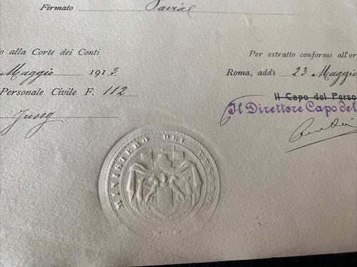 Certificat D'Honneur Comptable D'État Vittorio Emanuele Ministère Trésor 1913