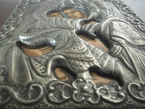 🔴 MADONNA con BAMBINO icona Sacra metallo Cesellato pittura base lignea vintage