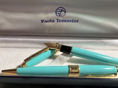 🔴 PAOLA TOMASINI penna stilografica + sfera lacca VERDE scrivono astuccio legno