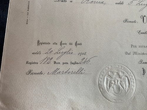 🔴 ATTESTATO D'ONORE VITTORIO EMANUELE III titolo RAGIONIERE FINANZA 1908