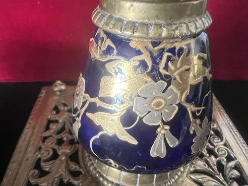 Encrier Bureau Céramique Bleu Et Laiton Ajouré Peinture Avec Or Zecchino