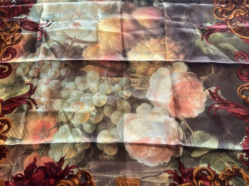 🔴 GIANFRANCO FERRE' foulard donna seta pura rosso con quadro frutta elegante