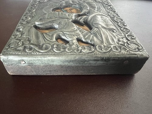 🔴 MADONNA con BAMBINO icona Sacra metallo Cesellato pittura base lignea vintage