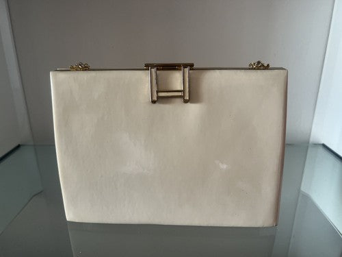 🔴 BORSA borsetta gioiello pelle VERNICE AVORIO seta verde con catena ART DECO'