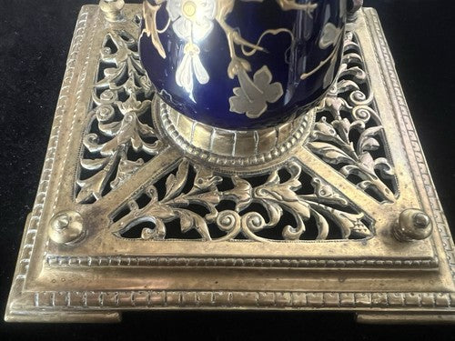 🔴 Calamaio scrivania ceramica blu e ottone traforato dipinto con ORO ZECCHINO