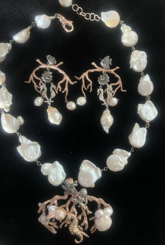 🔴 MMA orecchinI collana ARGENTO 925 laminato oro PERLE originali cavalli marini