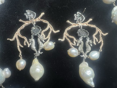 🔴 MMA orecchinI collana ARGENTO 925 laminato oro PERLE originali cavalli marini