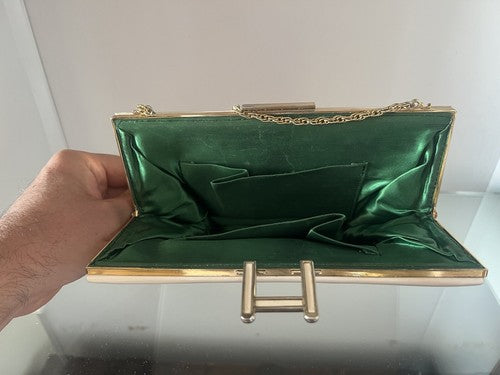 🔴 BORSA borsetta gioiello pelle VERNICE AVORIO seta verde con catena ART DECO'