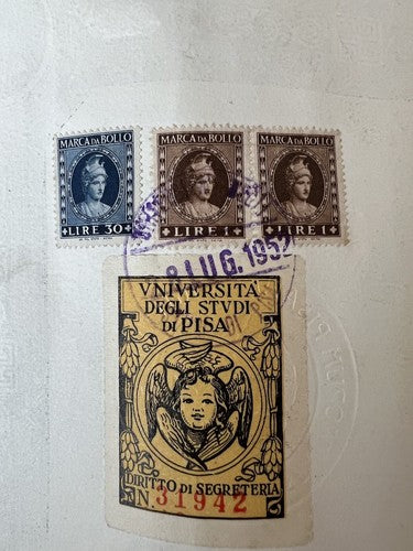 Diplôme Universitaire République Italienne Chimique Juillet 1952 Timbres Orig 
