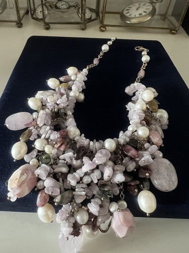 Déesse Collier de Bijoux Argent Plaqué Or Tempête De Quartz Rose Perles 