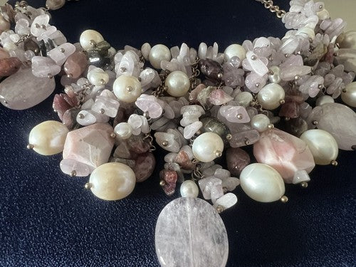 Déesse Collier de Bijoux Argent Plaqué Or Tempête De Quartz Rose Perles 