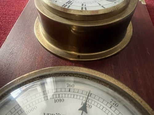 🔴 VEGLIA Wanduhr-Barometer aus Holz und Messing mit Bullauge 