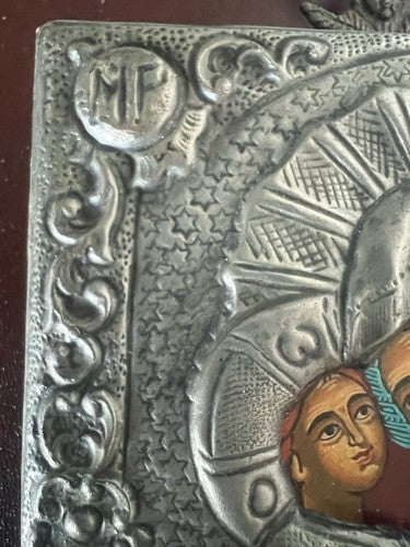 🔴 Madonna mit Kind, heilige Ikone, gemeißeltes Metallgemälde, Holzsockel, Vintage 