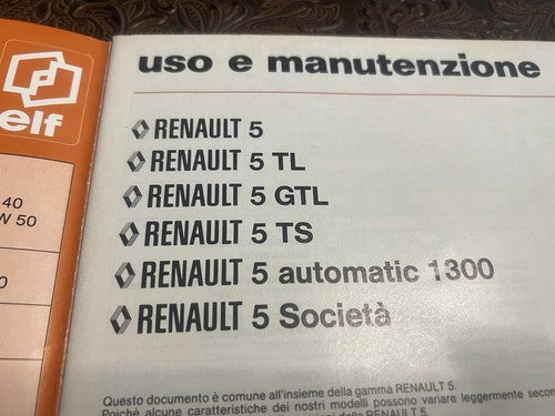 🔴 RENAULT 5 ORIGINAL Oldtimer-Bedienungsanleitung, 2. Auflage, ITA 